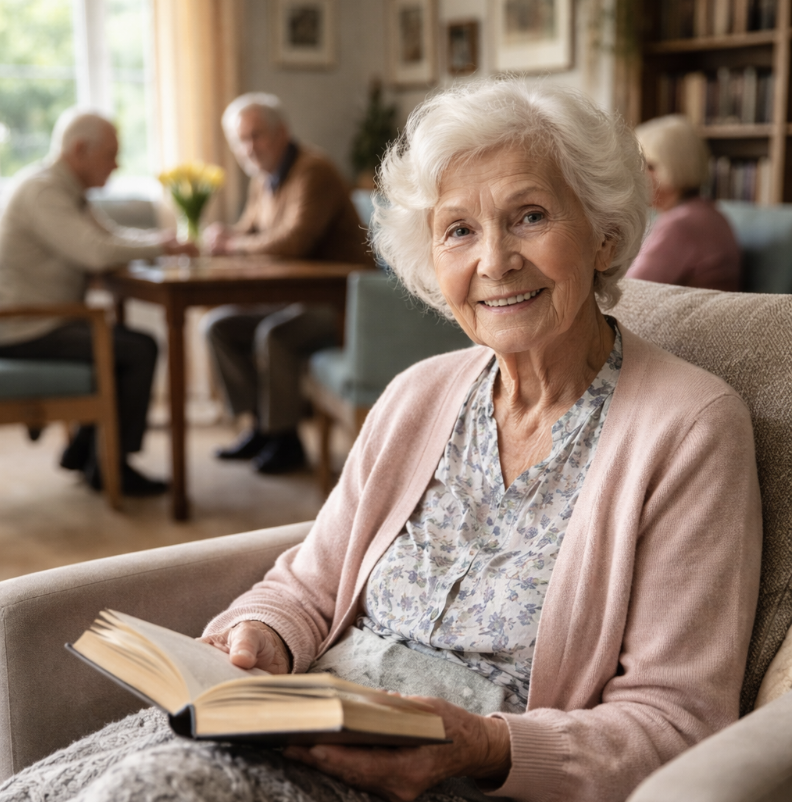 Cette image montre une personne âgée installée dans un espace commun calme et chaleureux, typique d’une maison de repos. Elle illustre la différence entre une maison de repos, destinée aux seniors relativement autonomes nécessitant un accompagnement quotidien, et une maison de repos et de soins, qui offre en plus une prise en charge médicale renforcée pour les personnes en perte d’autonomie ou nécessitant des soins continus.